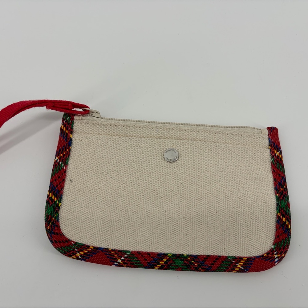 LANDS' END Plaid Cotton Canvas Wristlet Zip Pouch Purse Beige Red Green